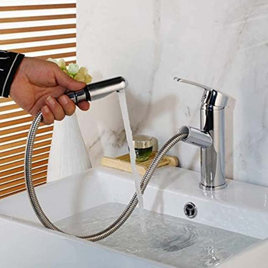Deck-Mounted 1-Hole Pull-Out Sink Tap – Hot &amp; Cold Water Mixer Faucet with Pull Down Crane for Kitchen &amp; Bathroom