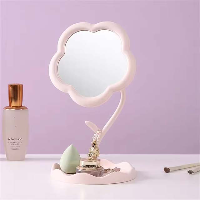 Sunflower Shaped Desktop Makeup Mirror with Jewelry & Hair Accessories Tray – High-Definition Dressing Mirror for Home Décor