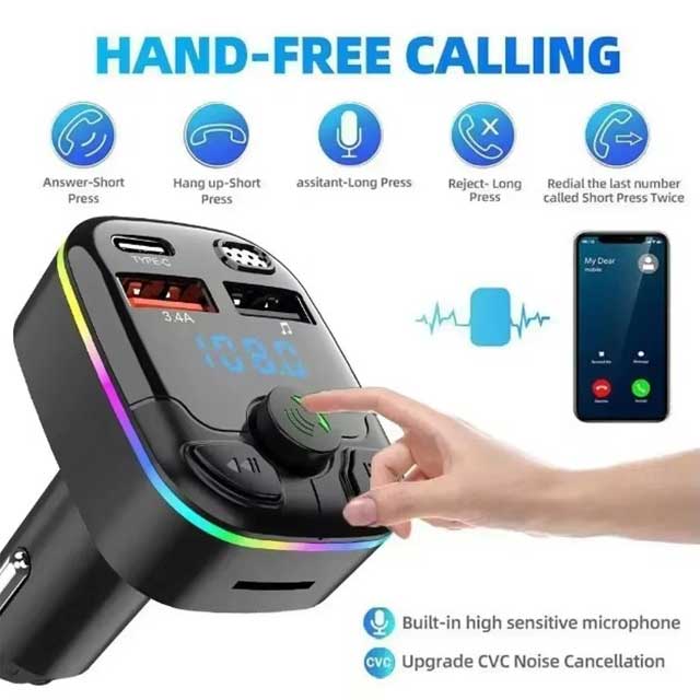 Digital Display Car MP3 Player – Hands-Free Bluetooth, Fast Charging Cigarette Lighter Adapter with Type-C & USB Ports for iPhone & Samsung