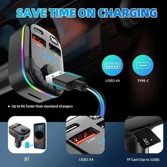 Digital Display Car MP3 Player – Hands-Free Bluetooth, Fast Charging Cigarette Lighter Adapter with Type-C & USB Ports for iPhone & Samsung