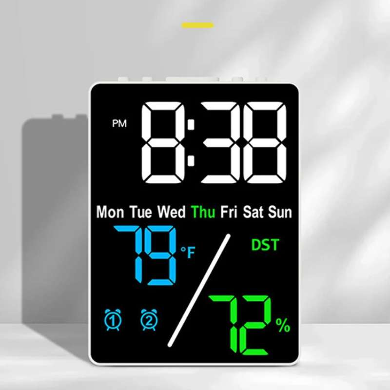 Réveil numérique LED avec affichage de la température et de l'humidité – Double alarme et fonction rappel – Luminosité réglable sur 3 niveaux avec mode été et affichage 12/24h – Horloge de bureau électronique moderne pour chambre et bureau