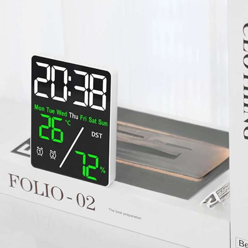 Réveil numérique LED avec affichage de la température et de l'humidité – Double alarme et fonction rappel – Luminosité réglable sur 3 niveaux avec mode été et affichage 12/24h – Horloge de bureau électronique moderne pour chambre et bureau