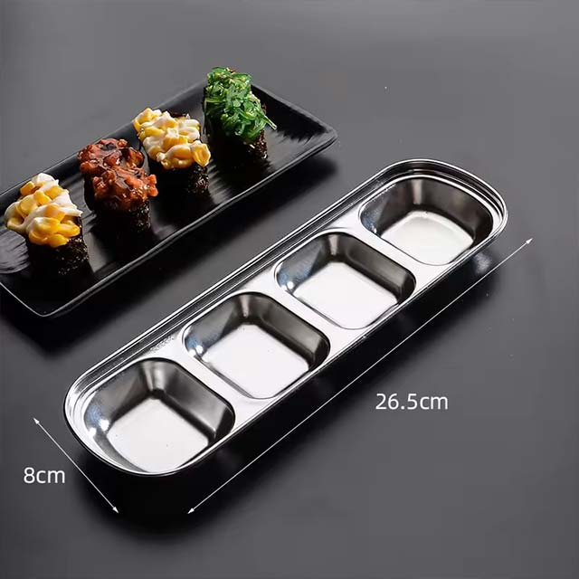 Stainless Steel Divided Dip Bowls – Sauce & Condiment Tray for BBQ, Vinegar, Ketchup, Salt & Spices