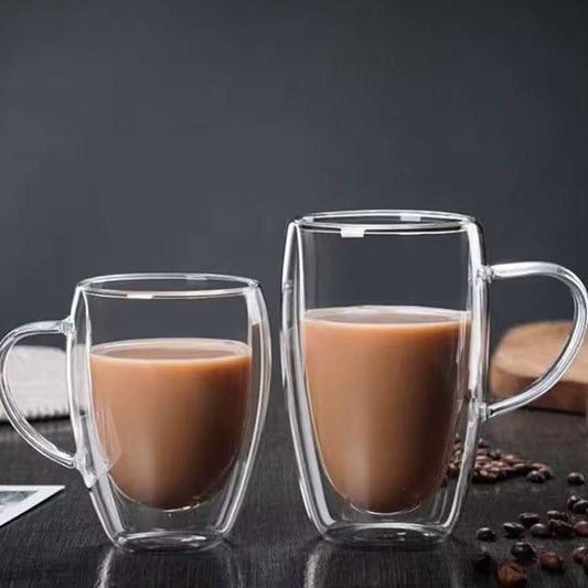 Double-Layer Transparent Glass Cup – Heat-Resistant Borosilicate Coffee, Juice & Milk Mug – Round Egg Shape with Handle