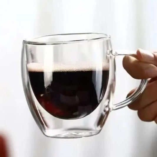 Double-Layer Transparent Glass Cup – Heat-Resistant Borosilicate Coffee, Juice & Milk Mug – Round Egg Shape with Handle