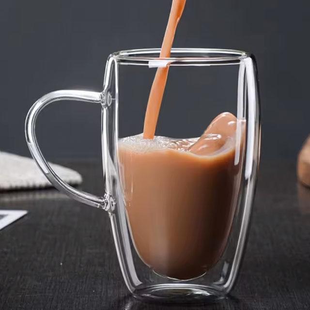 Double-Layer Transparent Glass Cup – Heat-Resistant Borosilicate Coffee, Juice & Milk Mug – Round Egg Shape with Handle