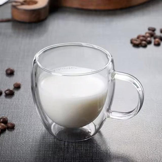 Double-Layer Transparent Glass Cup – Heat-Resistant Borosilicate Coffee, Juice & Milk Mug – Round Egg Shape with Handle