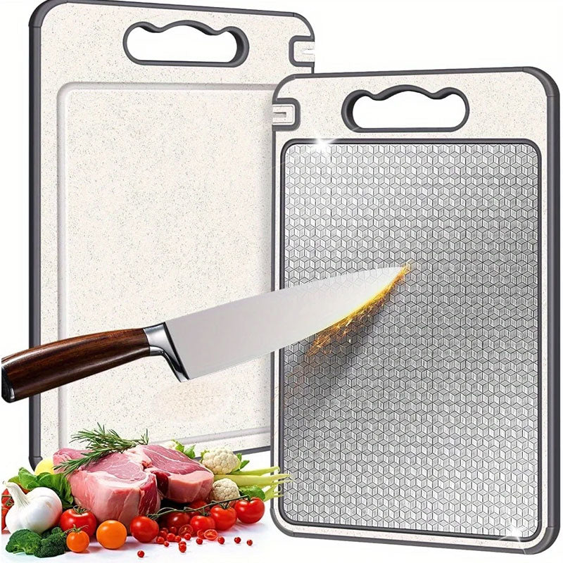 Planche à découper double face en acier inoxydable 304 – Résistante aux rayures avec bords en silicone antidérapants – Surface hygiénique pour la préparation culinaire