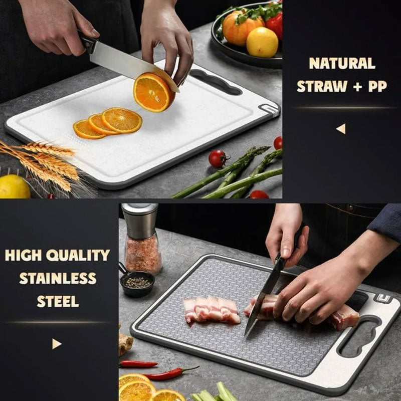 Planche à découper double face en acier inoxydable 304 – Résistante aux rayures avec bords en silicone antidérapants – Surface hygiénique pour la préparation culinaire