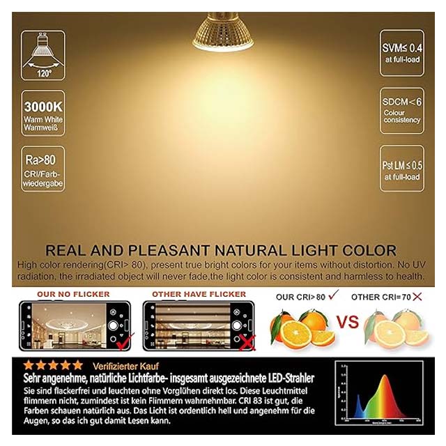 EACLL GU10 LED Bulbs Dimmable 6W 2700K – Energy-Saving 50W Halogen Equivalent, 475LM Warm White Spotlight (Pack of 6