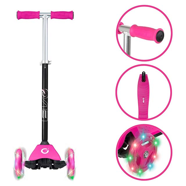 EVO Pink Light Up Mini Cruiser Scooter for Kids – Adjustable Height 3-Wheel Kick &amp; Push Scooter (Ages 2+)