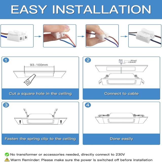 Eande Ultra-Flat LED Recessed Spotlight – 7W, 600LM, 2800K Warm White, 26mm Slim Square Ceiling Light, 230V Flush Mount Spotlights for Living Room & Bathroom (White)