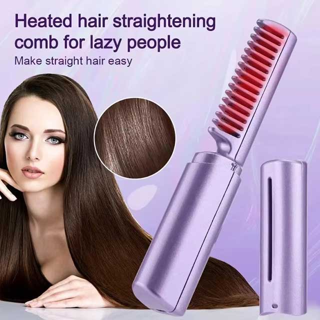 Electric Hot Hair Straightener Comb & Brush – USB Rechargeable Negative Ion Heating Tool for Straight & Curly Hair