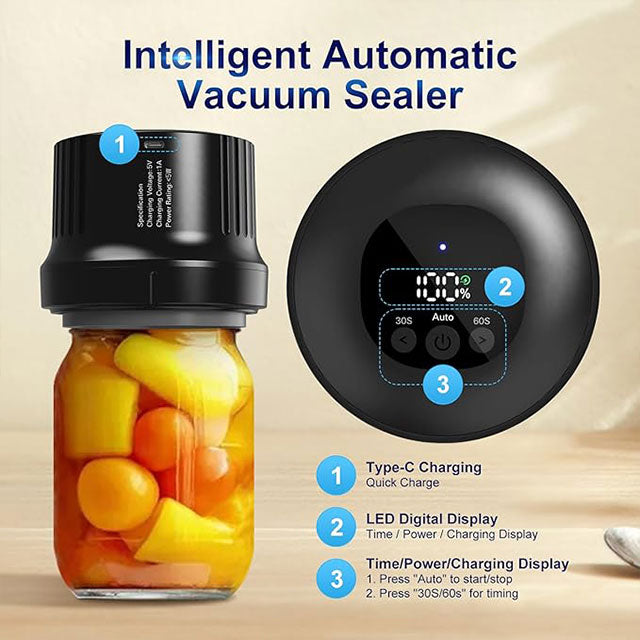 Electric Mason Jar Vacuum Sealer – 3-in-1 Cordless Jar Sealer for Regular & Wide Mouth Jars & Vacuum Bags, Auto-Stop Food Storage & Fermentation System