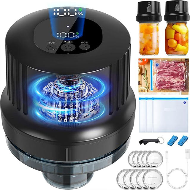Electric Mason Jar Vacuum Sealer – 3-in-1 Cordless Jar Sealer for Regular & Wide Mouth Jars & Vacuum Bags, Auto-Stop Food Storage & Fermentation System