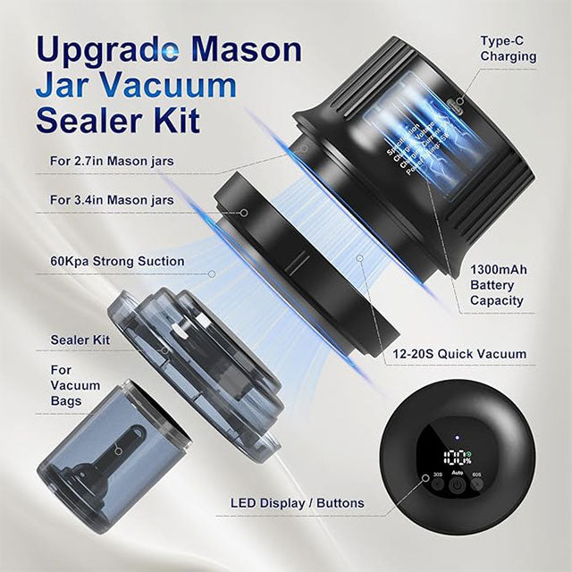 Electric Mason Jar Vacuum Sealer – 3-in-1 Cordless Jar Sealer for Regular & Wide Mouth Jars & Vacuum Bags, Auto-Stop Food Storage & Fermentation System