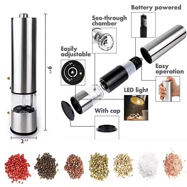 Stainless Steel Electric Pepper Grinder – Adjustable Spice & Sea Salt Mill for Kitchen & BBQ