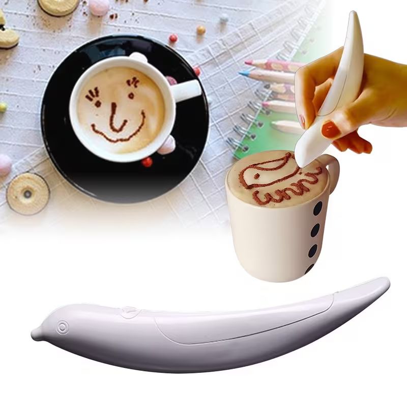Stylo électrique de Latte Art pour café et desserts – Stylo à poudre d'épices et de cacao à piles – Outil de barista professionnel pour la décoration de gâteaux et l'art de la mousse de lait (blanc)