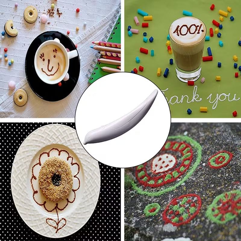Stylo électrique de Latte Art pour café et desserts – Stylo à poudre d'épices et de cacao à piles – Outil de barista professionnel pour la décoration de gâteaux et l'art de la mousse de lait (blanc)