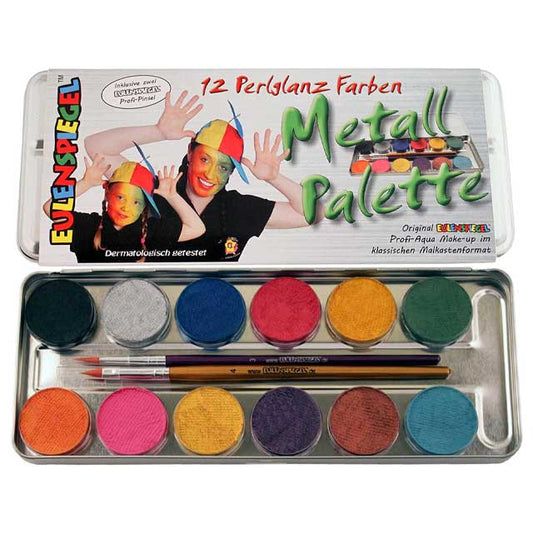 Eulenspiegel 212028 Metal Pearlescent Colour Palette – 12 x 2.5ml Makeup Paints with 2 Precision Brushes for Radiant, Shimmering Looks