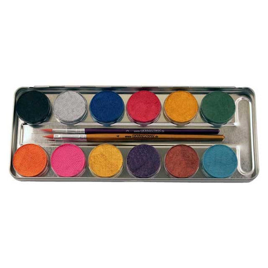 Eulenspiegel 212028 Metal Pearlescent Colour Palette – 12 x 2.5ml Makeup Paints with 2 Precision Brushes for Radiant, Shimmering Looks