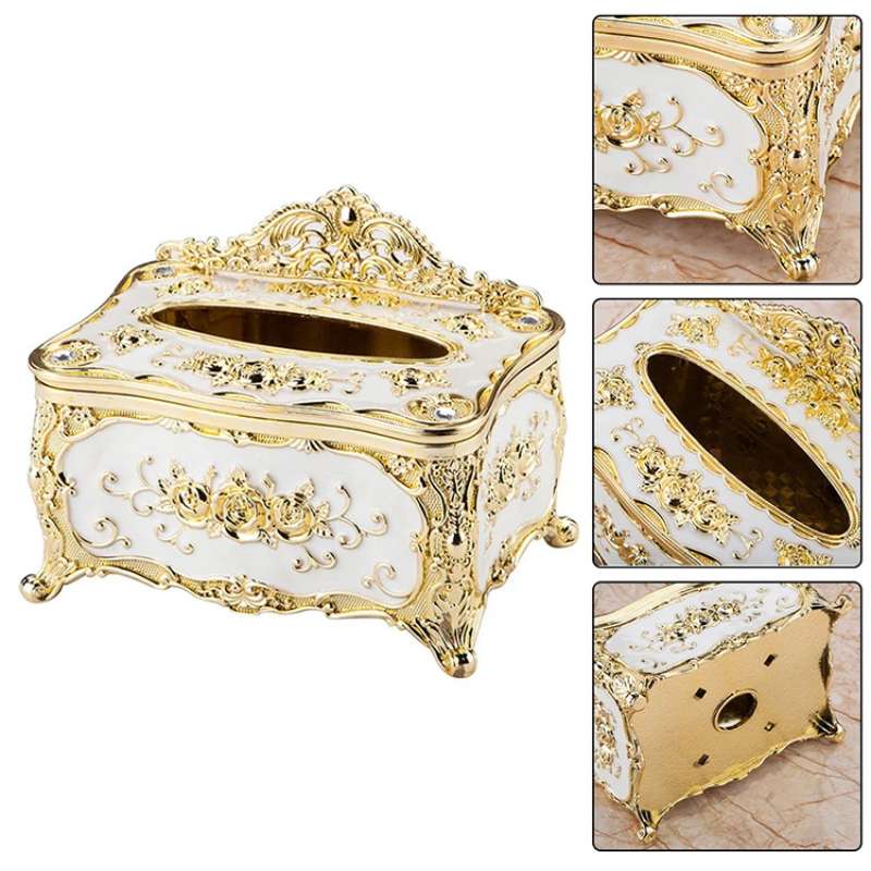 Boîte à mouchoirs de luxe européenne – Distributeur de serviettes haut de gamme pour hôtels et restaurants – Boîte à mouchoirs métallique ornée pour salon – Décoration de bureau et boîte de rangement haut de gamme (Doré/Argenté)