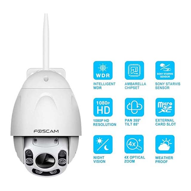 FOSCAM Outdoor PTZ Security Camera - 4x Optical Zoom, HD 1080P WiFi Wireless IP Camera, Pan Tilt, Night Vision up to 196ft, IP66 Weatherproof, WDR, Motion Alerts, FI9928P (White)