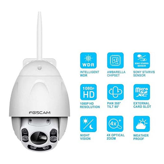 FOSCAM Outdoor PTZ Security Camera - 4x Optical Zoom, HD 1080P WiFi Wireless IP Camera, Pan Tilt, Night Vision up to 196ft, IP66 Weatherproof, WDR, Motion Alerts, FI9928P (White)
