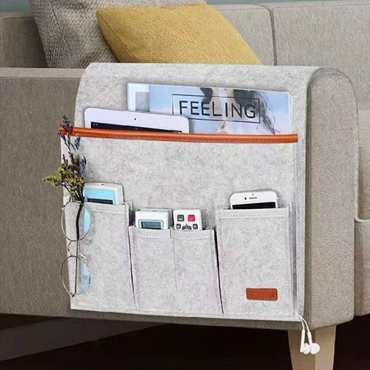 Felt Couch Armchair Caddy – Non-Slip Recliner Armrest Organizer – Hanging Storage Bag for Remotes, Tablets, and Magazines (Brown/Gray)