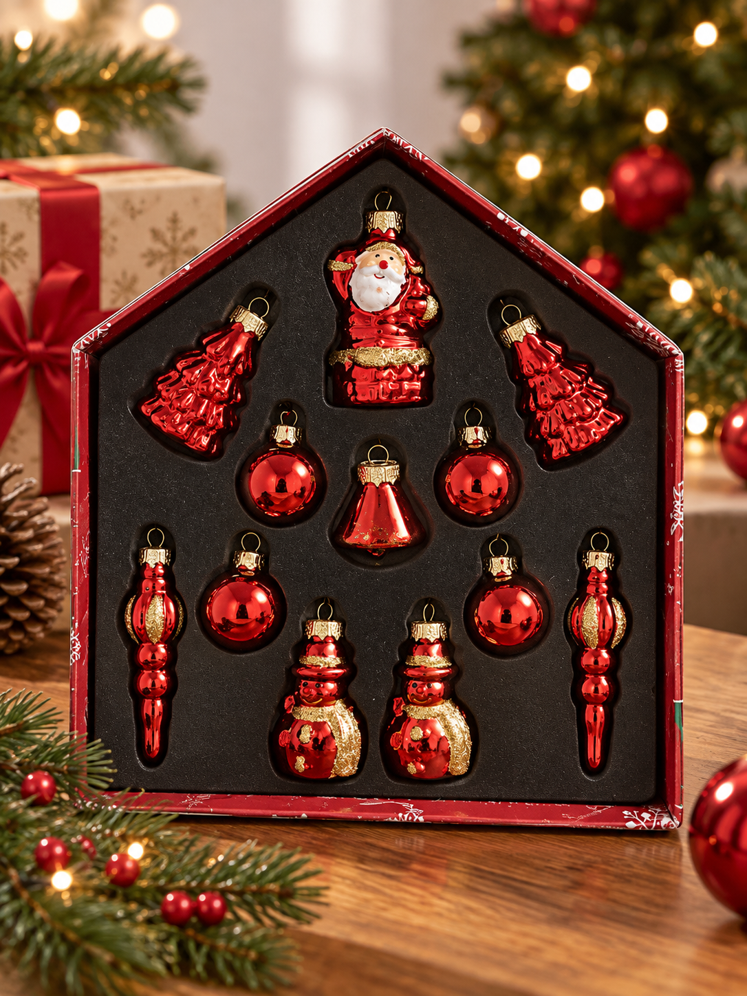 14-Piece Red & Gold Christmas Ornament Set – Santa, Snowman, Baubles & Icicle Tree Decorations
