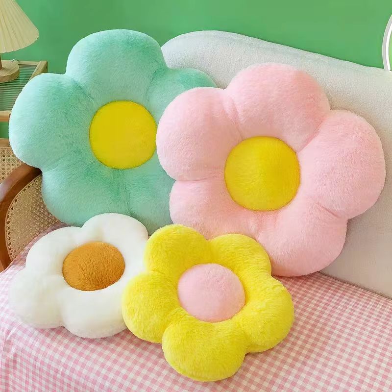 Coussin de chaise circulaire Fleur (35 cm) – Oreiller de sol doux en peluche – Coussin d'assise épais pour l'hiver pour bureau, salle de classe et chambre (Blanc/Marron)