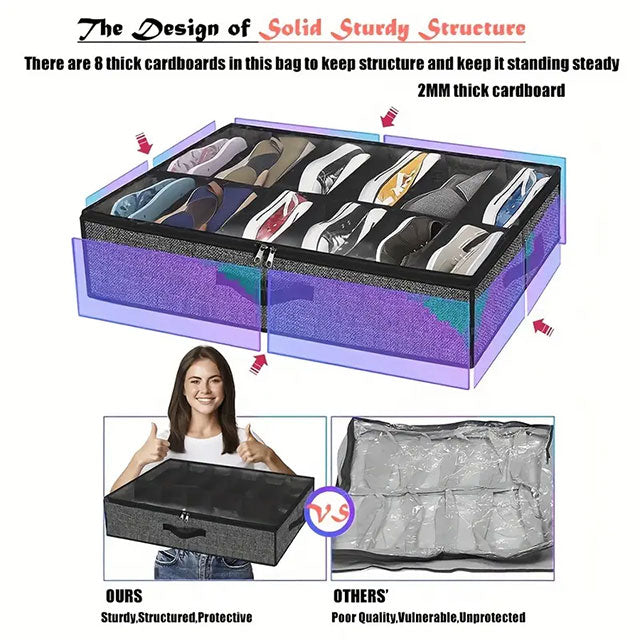Foldable Under Bed Shoe Storage Organizer – 12-Compartment Dustproof Non-Woven Fabric Space-Saving Shoe Holder