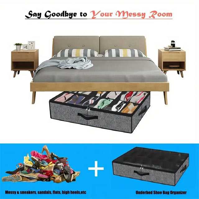 Foldable Under Bed Shoe Storage Organizer – 12-Compartment Dustproof Non-Woven Fabric Space-Saving Shoe Holder