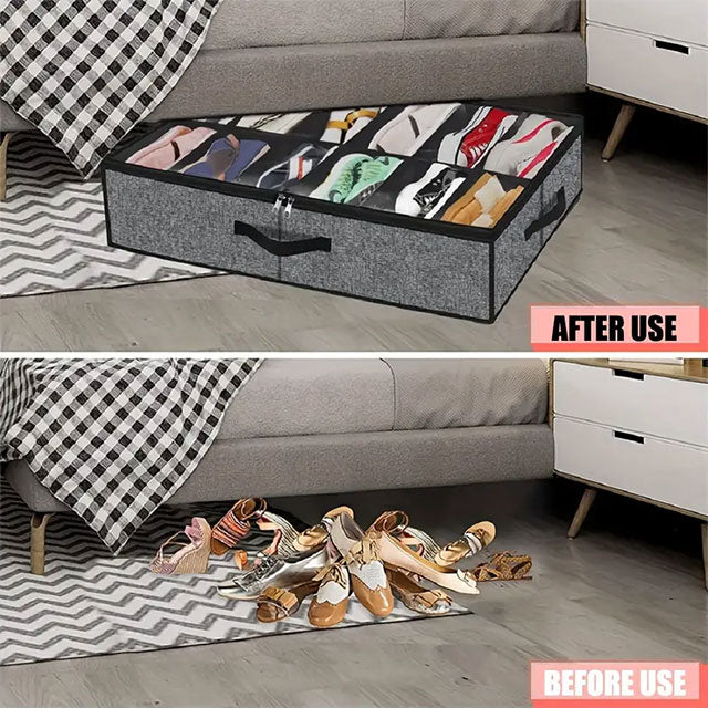 Foldable Under Bed Shoe Storage Organizer – 12-Compartment Dustproof Non-Woven Fabric Space-Saving Shoe Holder