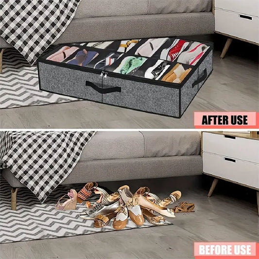 Foldable Under Bed Shoe Storage Organizer – 12-Compartment Dustproof Non-Woven Fabric Space-Saving Shoe Holder