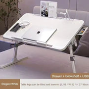 Bureau d'ordinateur portable pliable pour lit avec ventilateur de refroidissement – Table d'appoint réglable avec tiroir de rangement et roulettes – Plateau de petit-déjeuner portable en bois et alliage pour le travail et les jeux