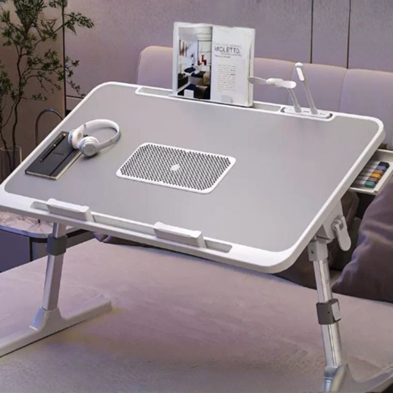Bureau d'ordinateur portable pliable pour lit avec ventilateur de refroidissement – Table d'appoint réglable avec tiroir de rangement et roulettes – Plateau de petit-déjeuner portable en bois et alliage pour le travail et les jeux