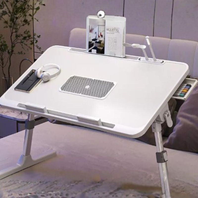 Bureau d'ordinateur portable pliable pour lit avec ventilateur de refroidissement – Table d'appoint réglable avec tiroir de rangement et roulettes – Plateau de petit-déjeuner portable en bois et alliage pour le travail et les jeux