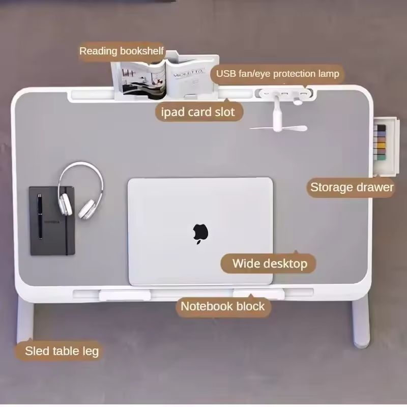 Bureau d'ordinateur portable pliable pour lit avec ventilateur de refroidissement – Table d'appoint réglable avec tiroir de rangement et roulettes – Plateau de petit-déjeuner portable en bois et alliage pour le travail et les jeux
