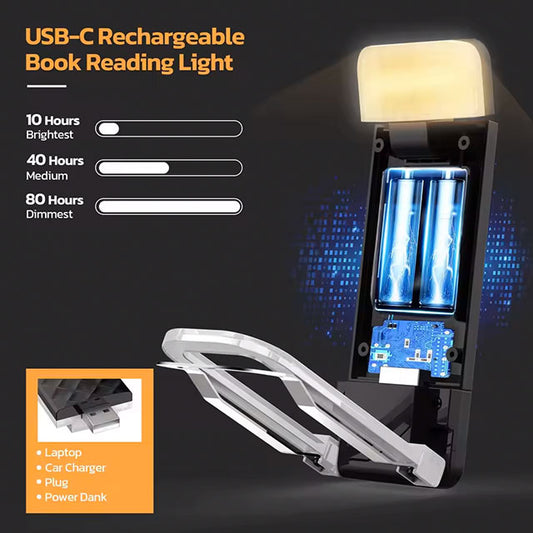 Folding Book Reading Light – Clip-on, Retractable & Rotating USB Rechargeable LED Lamp for Reading & Study