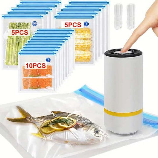 20P/5P Food Vacuum Sealing Bags with Handheld Mini Electric Vacuum Pump – Three Sizes for Food Storage, Vacuum Sealing & Refrigerator Organization