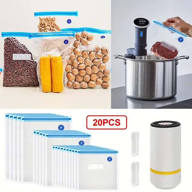 20P/5P Food Vacuum Sealing Bags with Handheld Mini Electric Vacuum Pump – Three Sizes for Food Storage, Vacuum Sealing & Refrigerator Organization