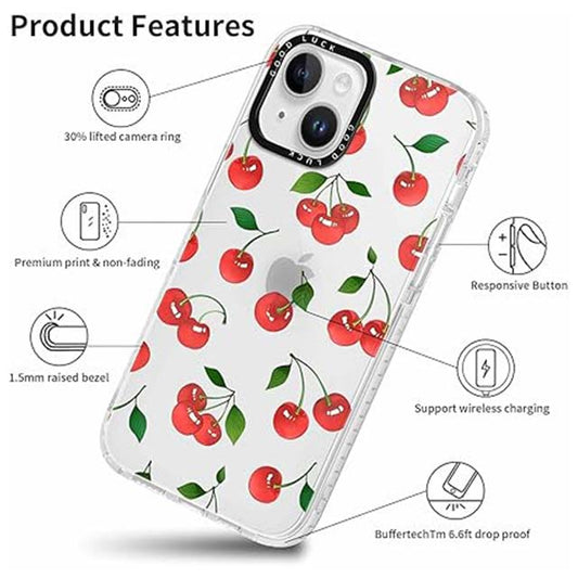 Foonary Transparent iPhone 15 Case 6.1" – Slim Fit Soft Silicone with Cherry Design, Shockproof Bumper &amp; Matte Cover