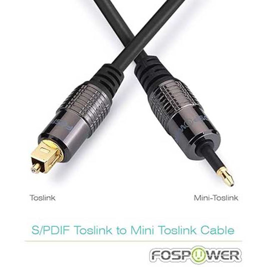 FosPower Toslink to Mini Toslink Digital Optical Audio Cable – 24K Gold Plated, S/PDIF, Metal Connectors, Strain-Relief PVC Jacket