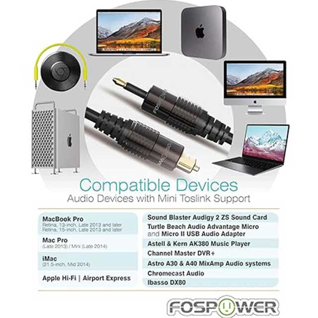 FosPower Toslink to Mini Toslink Digital Optical Audio Cable – 24K Gold Plated, S/PDIF, Metal Connectors, Strain-Relief PVC Jacket