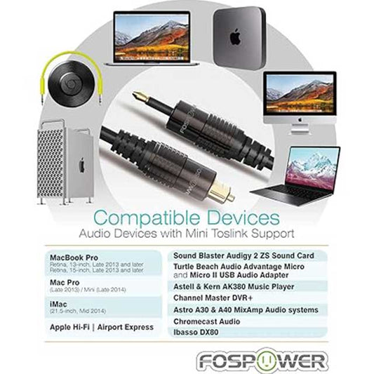 FosPower Toslink to Mini Toslink Digital Optical Audio Cable – 24K Gold Plated, S/PDIF, Metal Connectors, Strain-Relief PVC Jacket