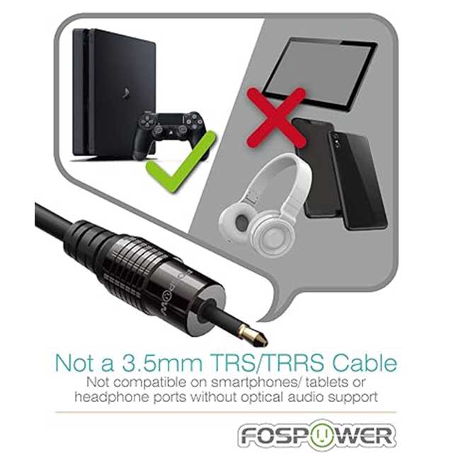 FosPower Toslink to Mini Toslink Digital Optical Audio Cable – 24K Gold Plated, S/PDIF, Metal Connectors, Strain-Relief PVC Jacket