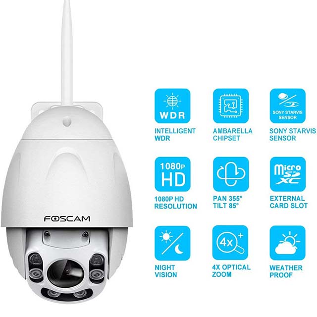 Foscam FI9928P Outdoor PTZ WiFi Security Camera – 1080P HD Wireless IP Cam with 4x Optical Zoom, Pan Tilt, Night Vision (Up to 196ft), IP66 Weatherproof, WDR &amp; Motion Alerts – White