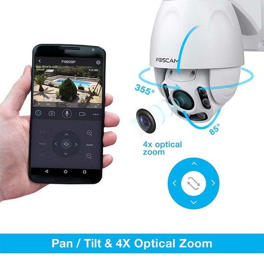 Foscam FI9928P Outdoor PTZ WiFi Security Camera – 1080P HD Wireless IP Cam with 4x Optical Zoom, Pan Tilt, Night Vision (Up to 196ft), IP66 Weatherproof, WDR &amp; Motion Alerts – White