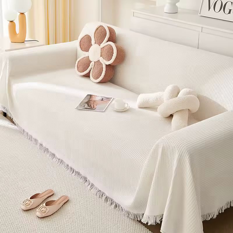 Full Coverage "Cream Wind" Sofa Towel – Multi-Layer Cotton Yarn Sofa Cover – Universal All-Inclusive Furniture Protector & Camping Blanket (Gray/Beige/White)